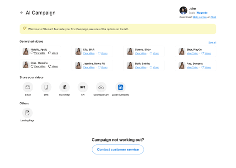 BHuman campaign screen showing rendered videos and delivery options like email, SMS, API, and landing pages