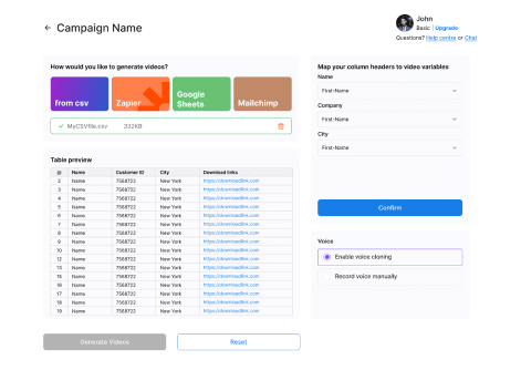 BHuman screen showing CSV or spreadsheet data mapped into personalized video fields